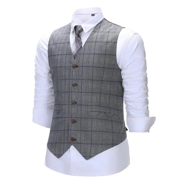 Men's Business 3 Pieces Formal Grey Plaid Solid Notch Lapel Suit (Blazer Vest Pants)