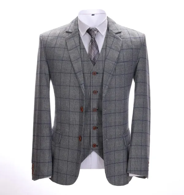 Men's Business 3 Pieces Formal Grey Plaid Solid Notch Lapel Suit (Blazer Vest Pants)