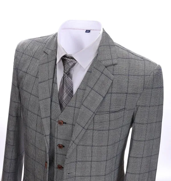 Men's Business 3 Pieces Formal Grey Plaid Solid Notch Lapel Suit (Blazer Vest Pants)