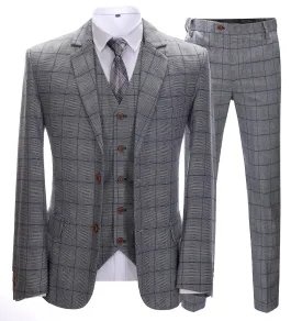 Men's Business 3 Pieces Formal Grey Plaid Solid Notch Lapel Suit (Blazer Vest Pants)