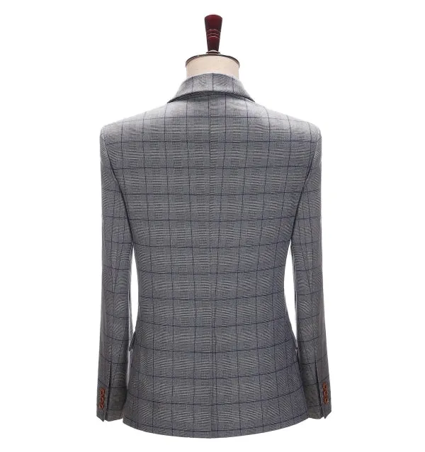 Men's Business 3 Pieces Formal Grey Plaid Solid Notch Lapel Suit (Blazer Vest Pants)