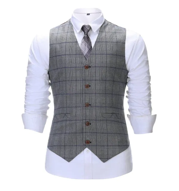 Men's Business 3 Pieces Formal Grey Plaid Solid Notch Lapel Suit (Blazer Vest Pants)