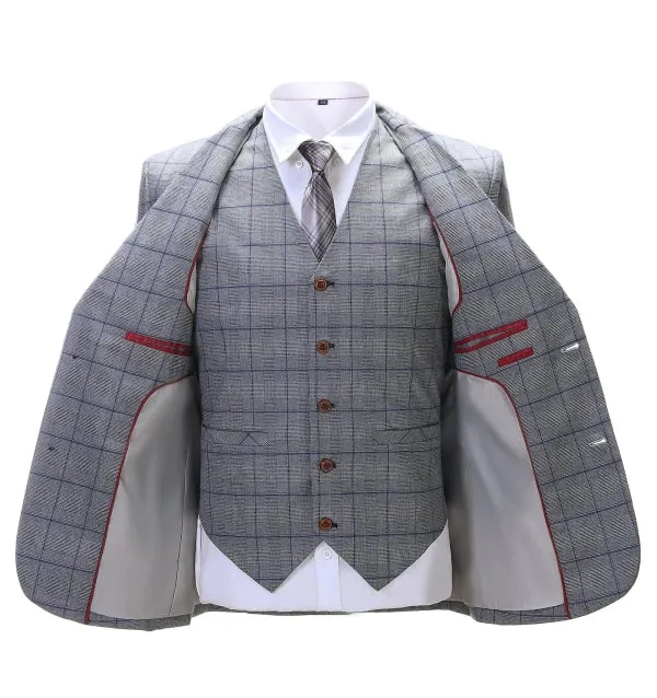 Men's Business 3 Pieces Formal Grey Plaid Solid Notch Lapel Suit (Blazer Vest Pants)