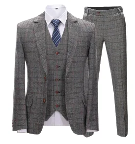 Men's Business 3 Pieces Formal Grey Plaid Tweed Notch Lapel Suit (Blazer vest Pants)