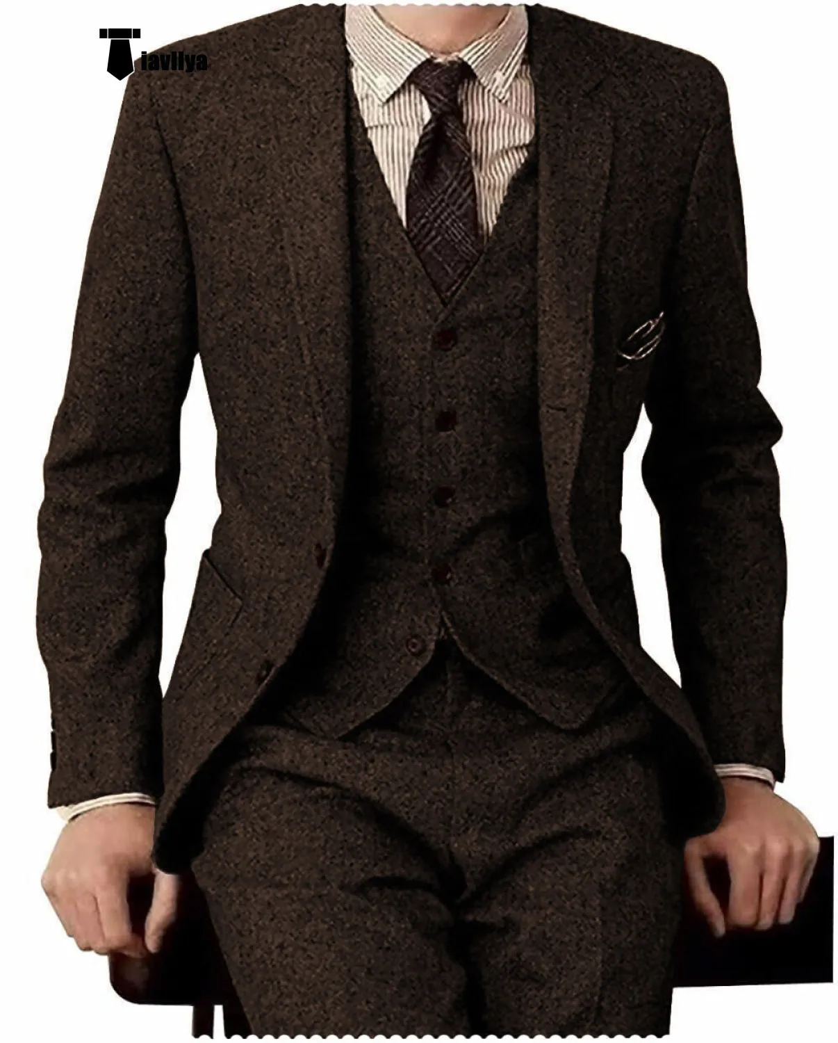 Men's Casual 3 Pieces Mens Suit Classic Tweed Notch Lapel Tuxedos (Blazer vest Pants)