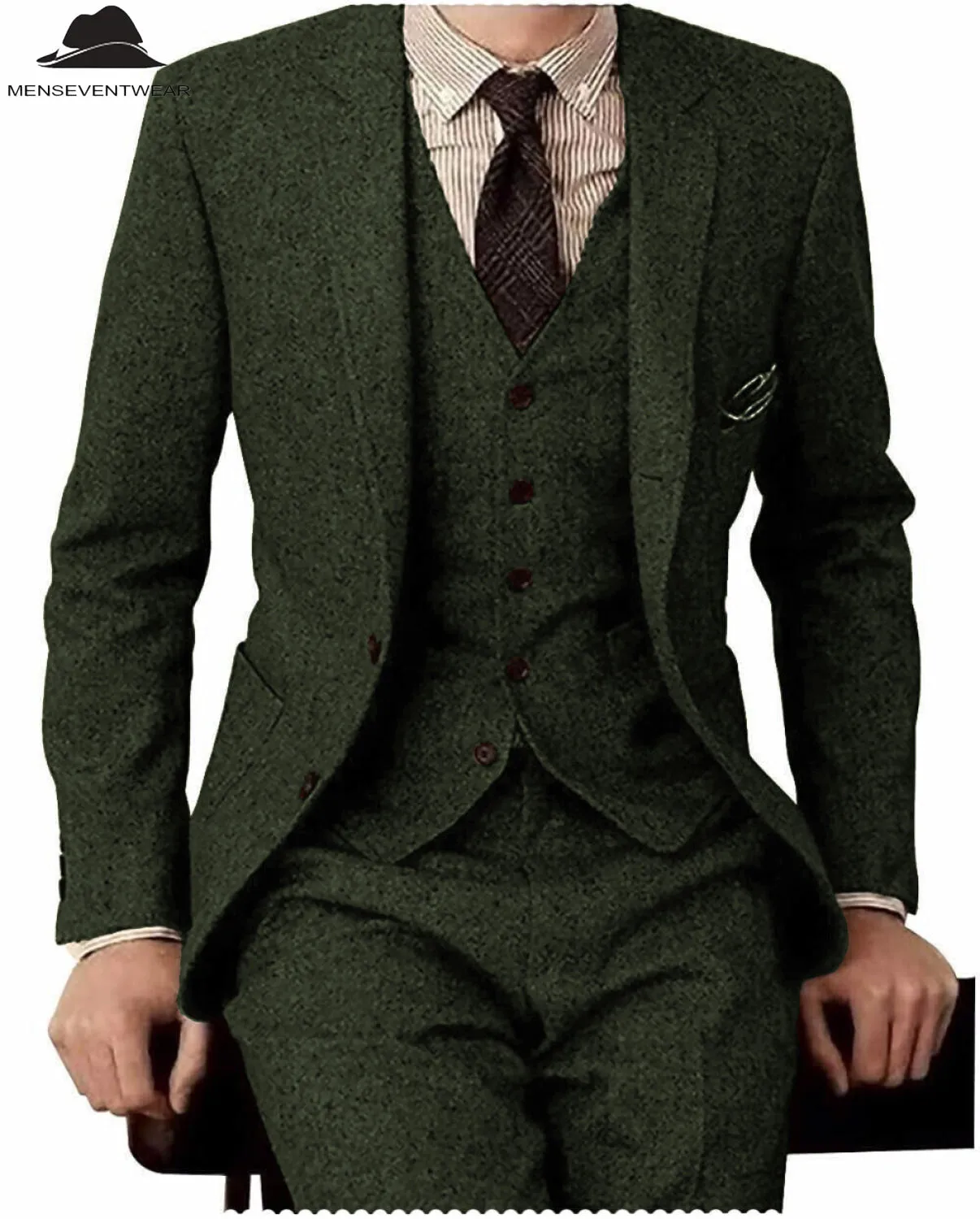 Men's Casual 3 Pieces Mens Suit Classic Tweed Notch Lapel Tuxedos (Blazer vest Pants)