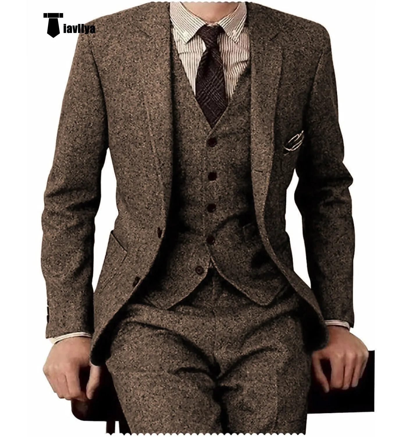 Men's Casual 3 Pieces Mens Suit Classic Tweed Notch Lapel Tuxedos (Blazer vest Pants)