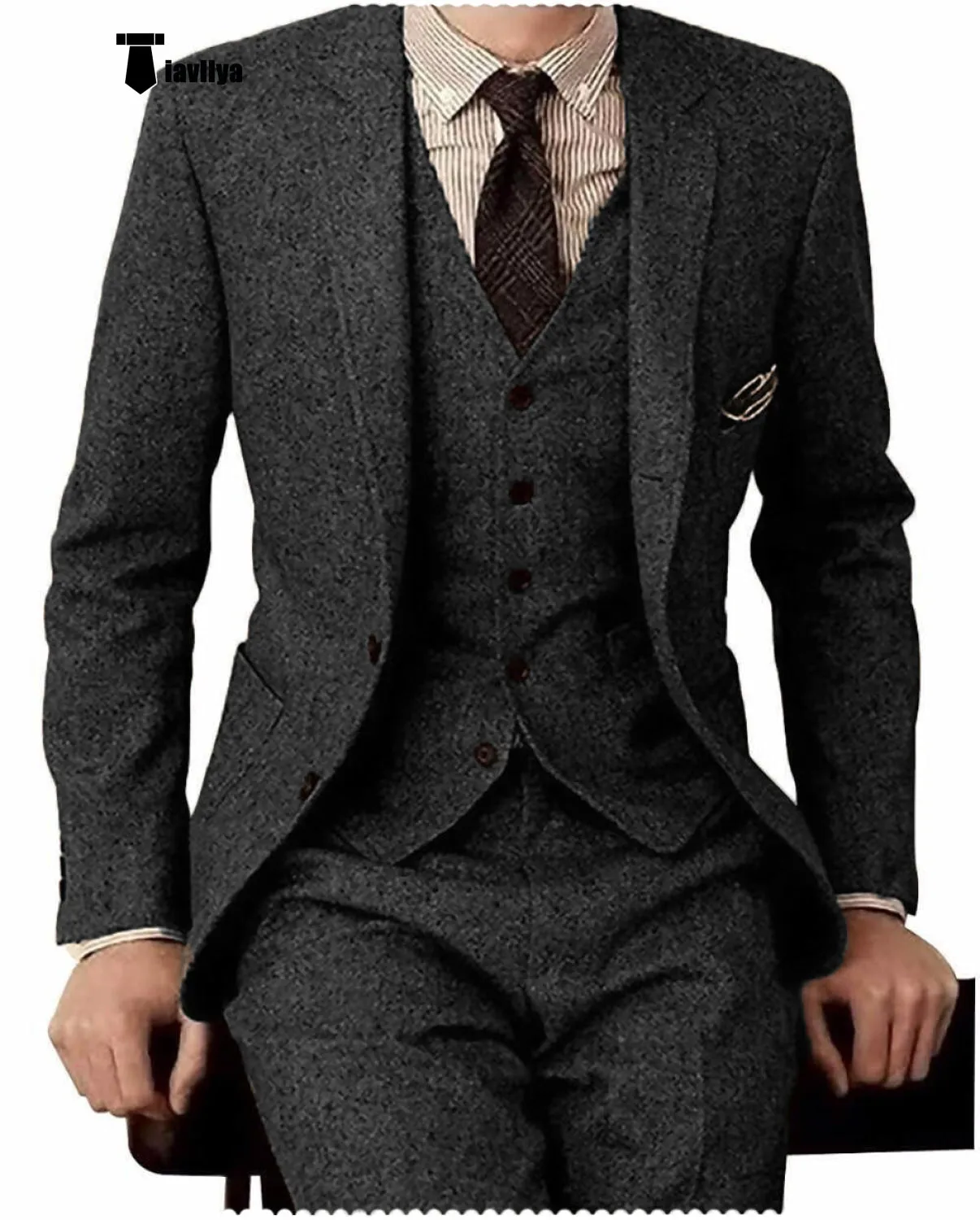 Men's Casual 3 Pieces Mens Suit Classic Tweed Notch Lapel Tuxedos (Blazer vest Pants)