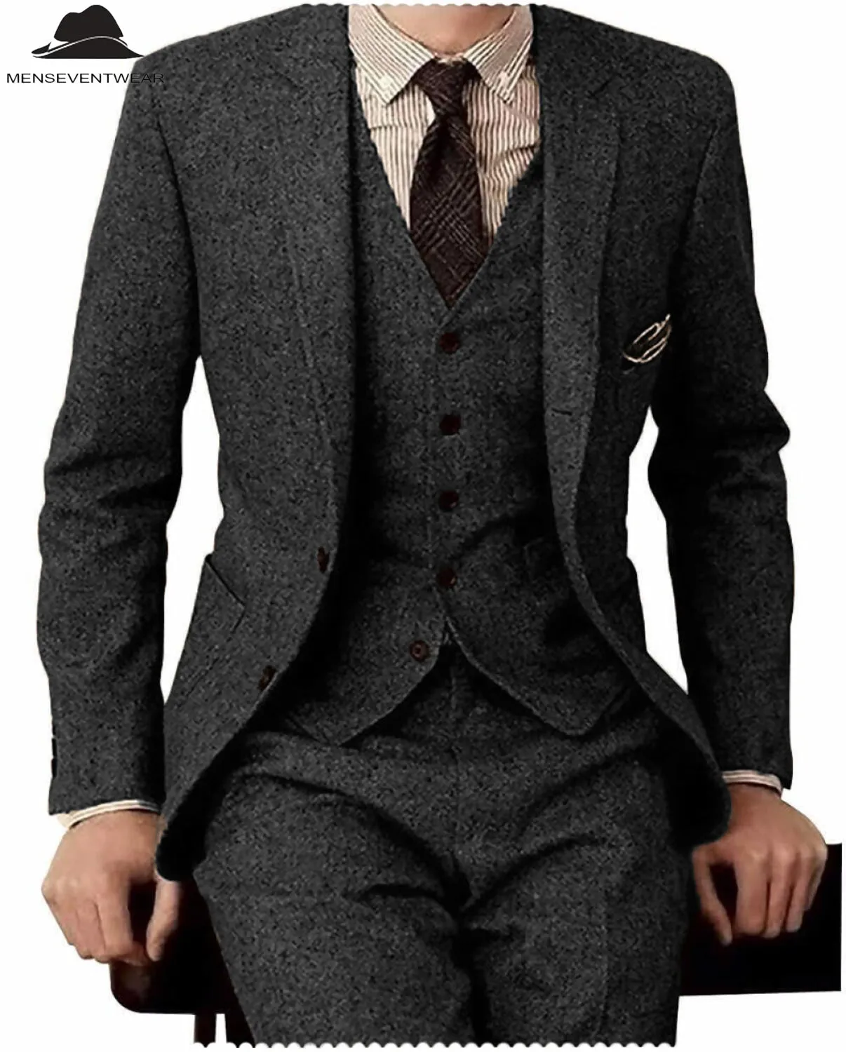 Men's Casual 3 Pieces Mens Suit Classic Tweed Notch Lapel Tuxedos (Blazer vest Pants)