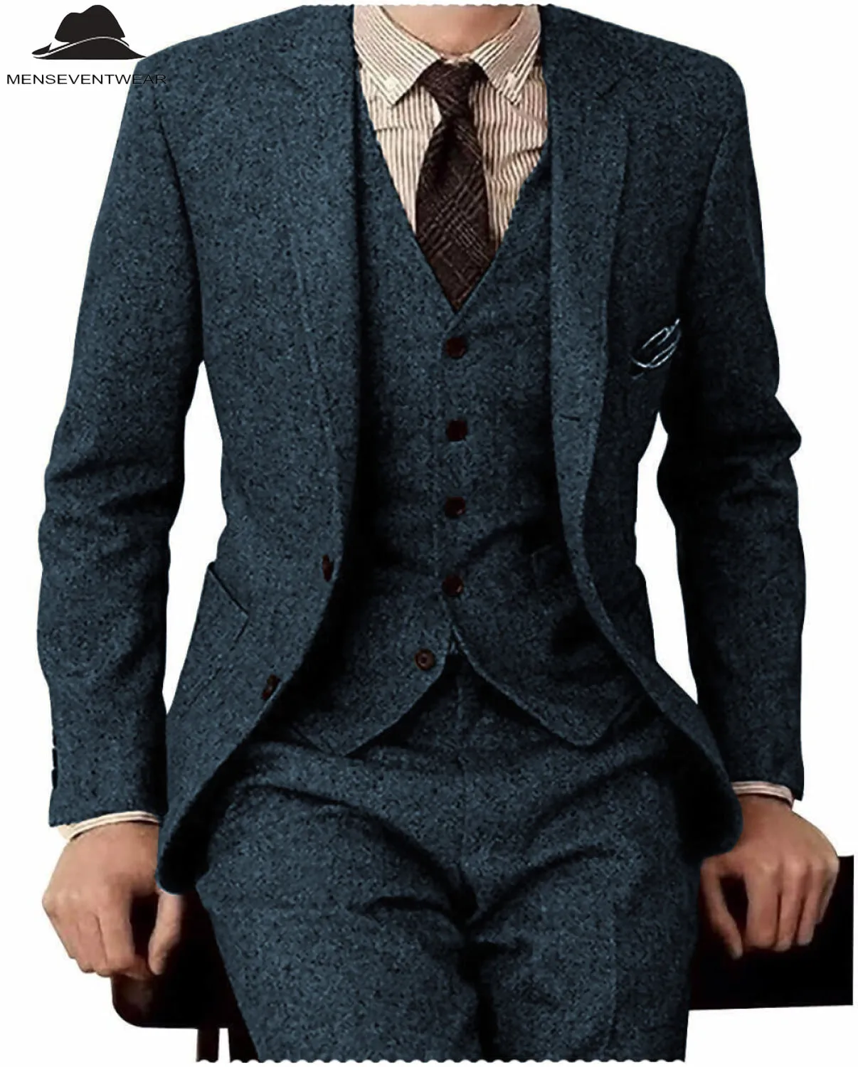 Men's Casual 3 Pieces Mens Suit Classic Tweed Notch Lapel Tuxedos (Blazer vest Pants)