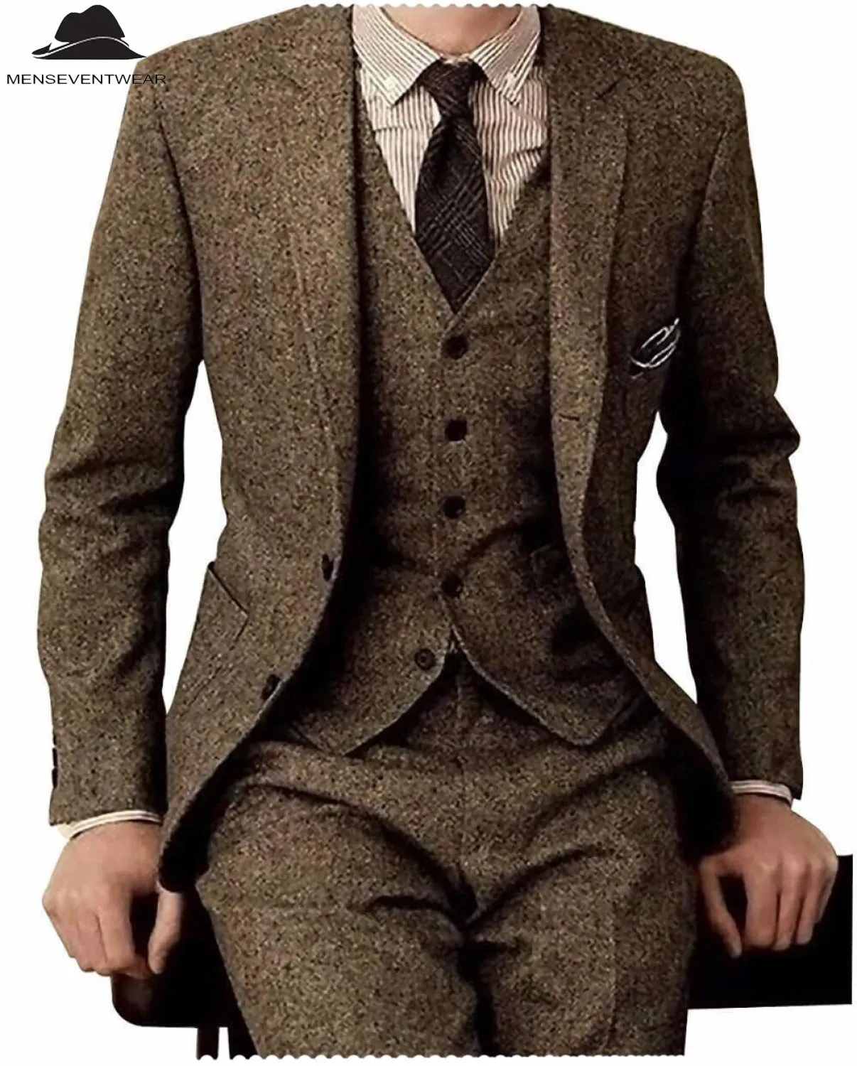 Men's Casual 3 Pieces Mens Suit Classic Tweed Notch Lapel Tuxedos (Blazer vest Pants)