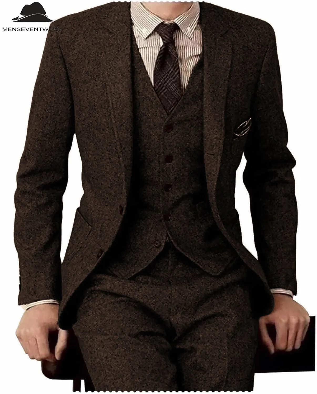 Men's Casual 3 Pieces Mens Suit Classic Tweed Notch Lapel Tuxedos (Blazer vest Pants)