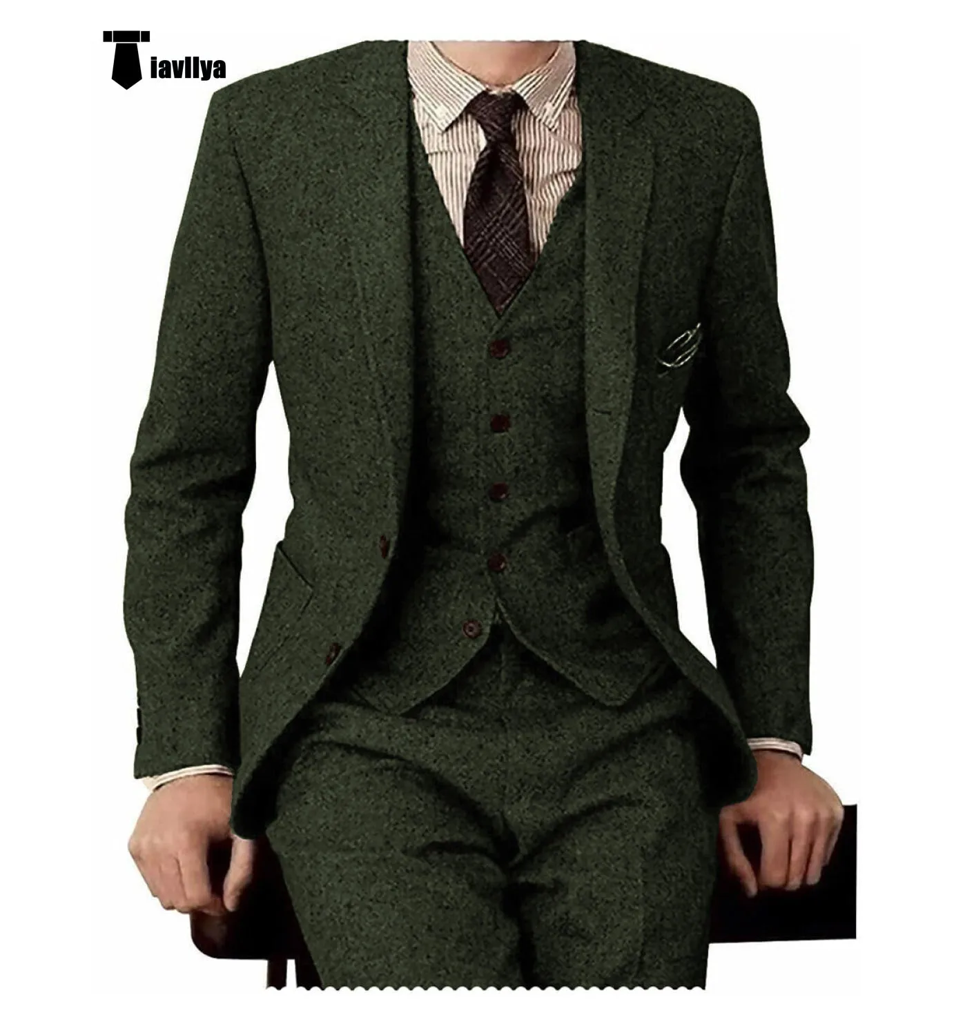 Men's Casual 3 Pieces Mens Suit Classic Tweed Notch Lapel Tuxedos (Blazer vest Pants)