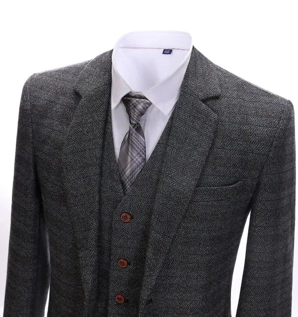 Men's Formal 3 Pieces Business Dark Grey Tweed Notch Lapel Suit (Blazer vest Pants)