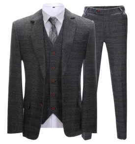 Men's Formal 3 Pieces Business Dark Grey Tweed Notch Lapel Suit (Blazer vest Pants)