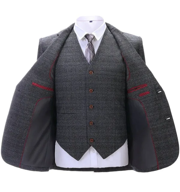 Men's Formal 3 Pieces Business Dark Grey Tweed Notch Lapel Suit (Blazer vest Pants)