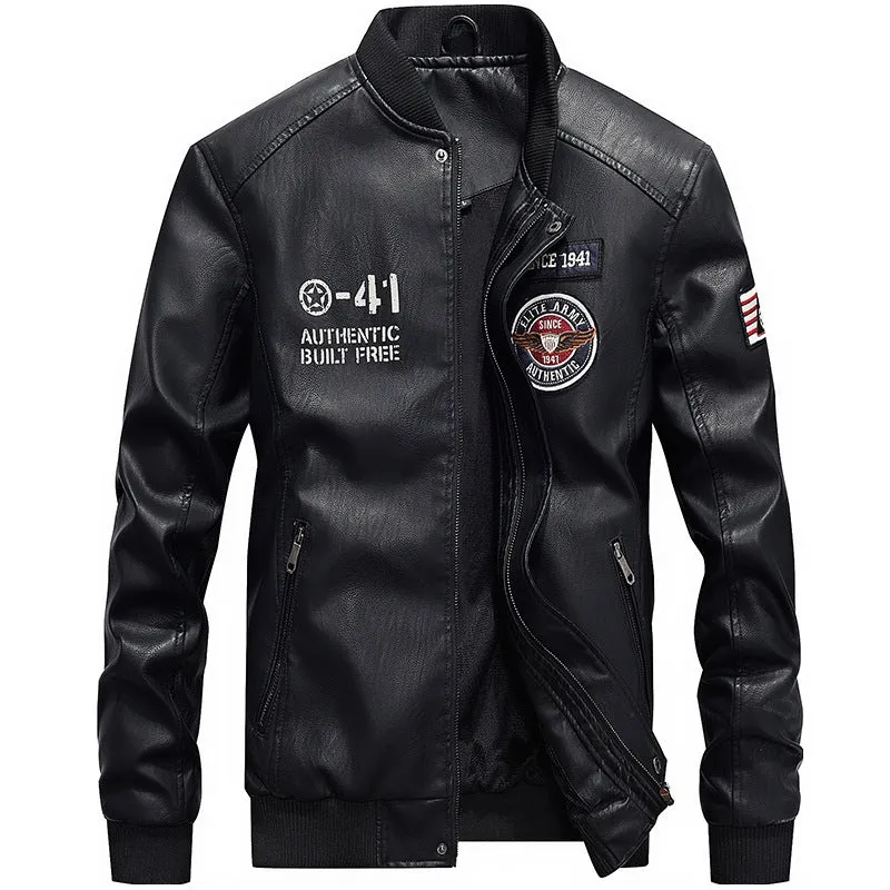 Men's Jacket Brand Embroidery PU Jackets Male Casual Warm Fleece Pilot Bomber Jacket Coat | 7702