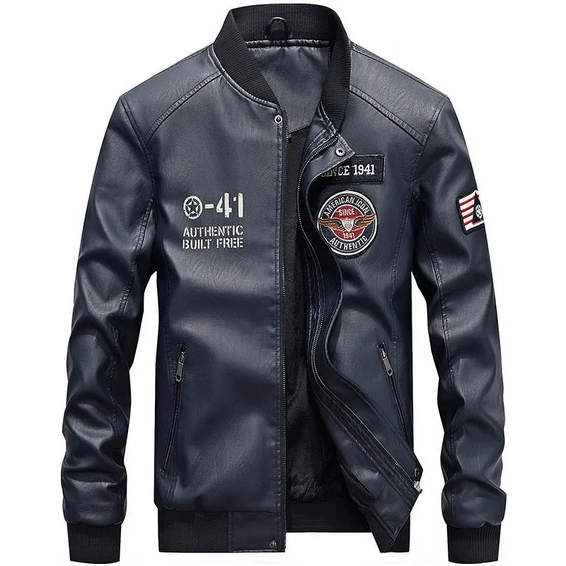 Men's Jacket Brand Embroidery PU Jackets Male Casual Warm Fleece Pilot Bomber Jacket Coat | 7702