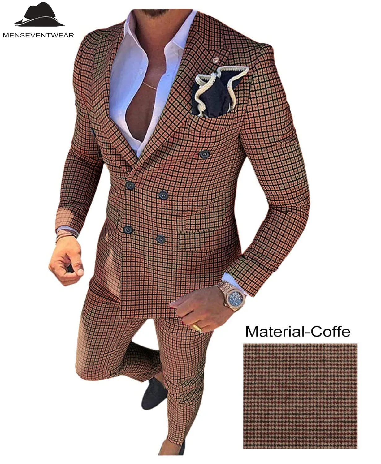 Men's Plaid 2 Piece Double Breasted Houndstooth Peak lapel Tuxedos (Blazer Pants)