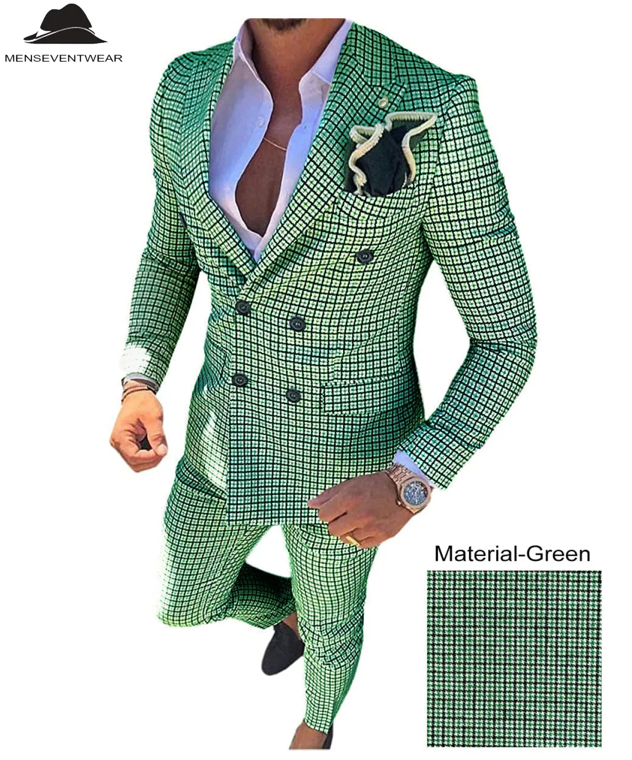 Men's Plaid 2 Piece Double Breasted Houndstooth Peak lapel Tuxedos (Blazer Pants)