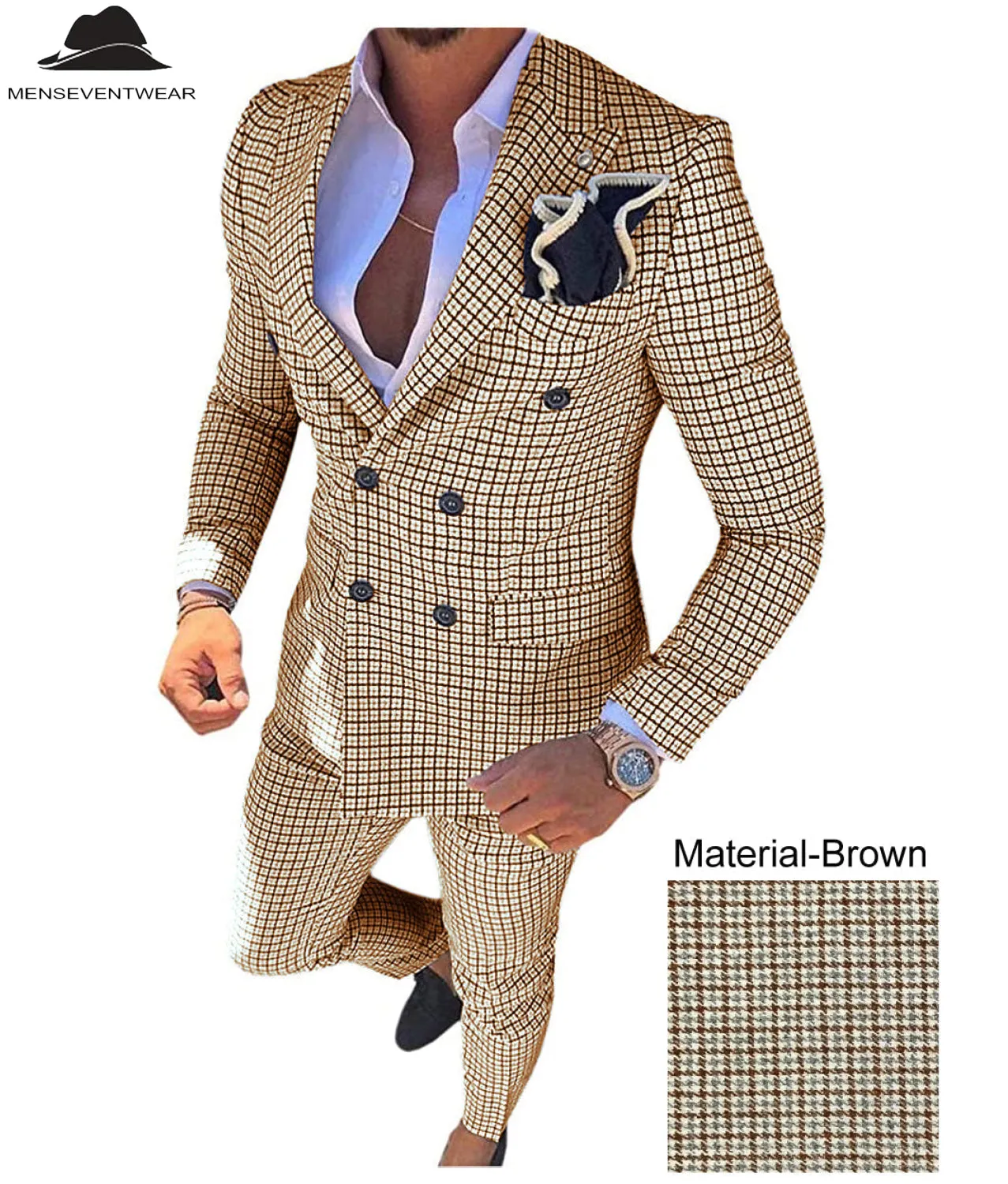 Men's Plaid 2 Piece Double Breasted Houndstooth Peak lapel Tuxedos (Blazer Pants)