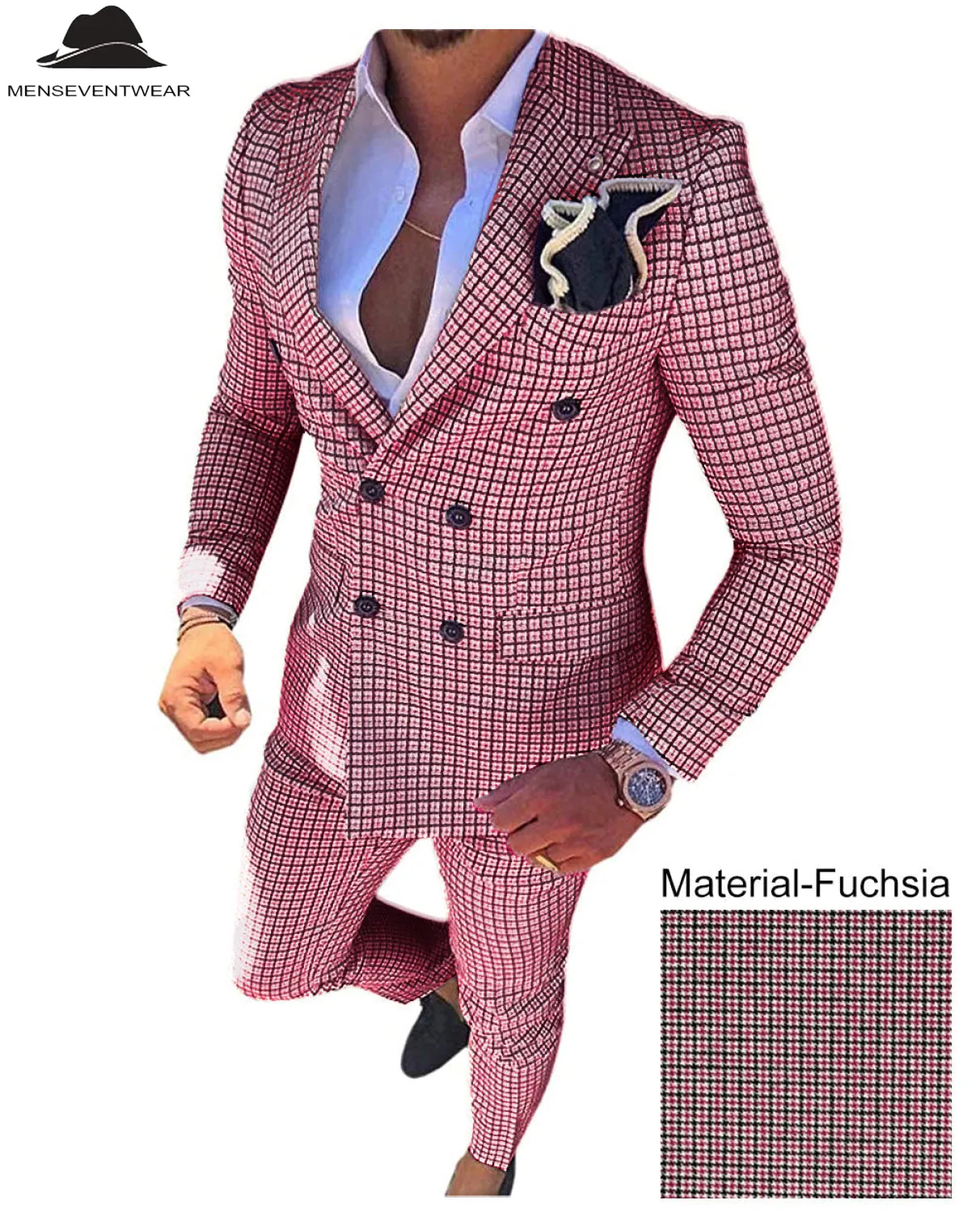 Men's Plaid 2 Piece Double Breasted Houndstooth Peak lapel Tuxedos (Blazer Pants)