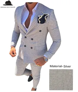 Men's Plaid 2 Piece Double Breasted Houndstooth Peak lapel Tuxedos (Blazer Pants)