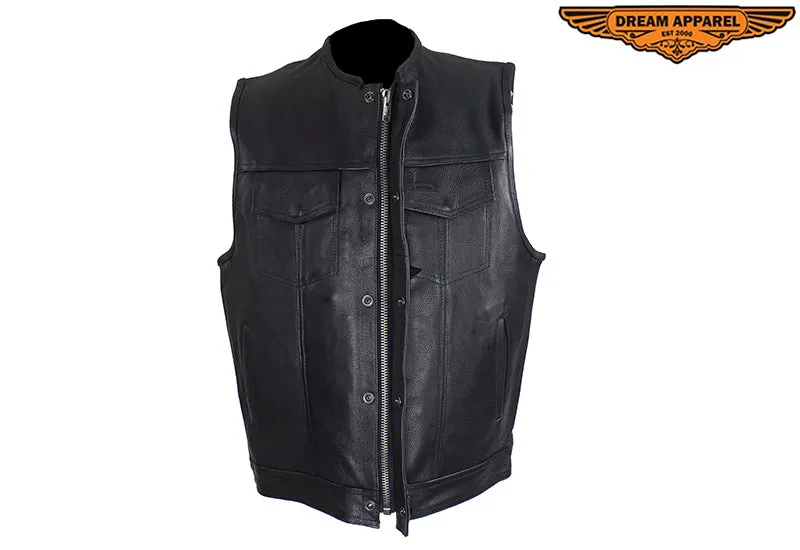 Mens Zippered No Collar Leather Motorcycle Club Vest with Red Liner