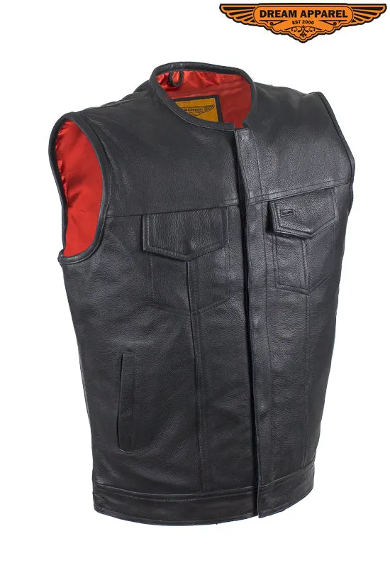 Mens Zippered No Collar Leather Motorcycle Club Vest with Red Liner