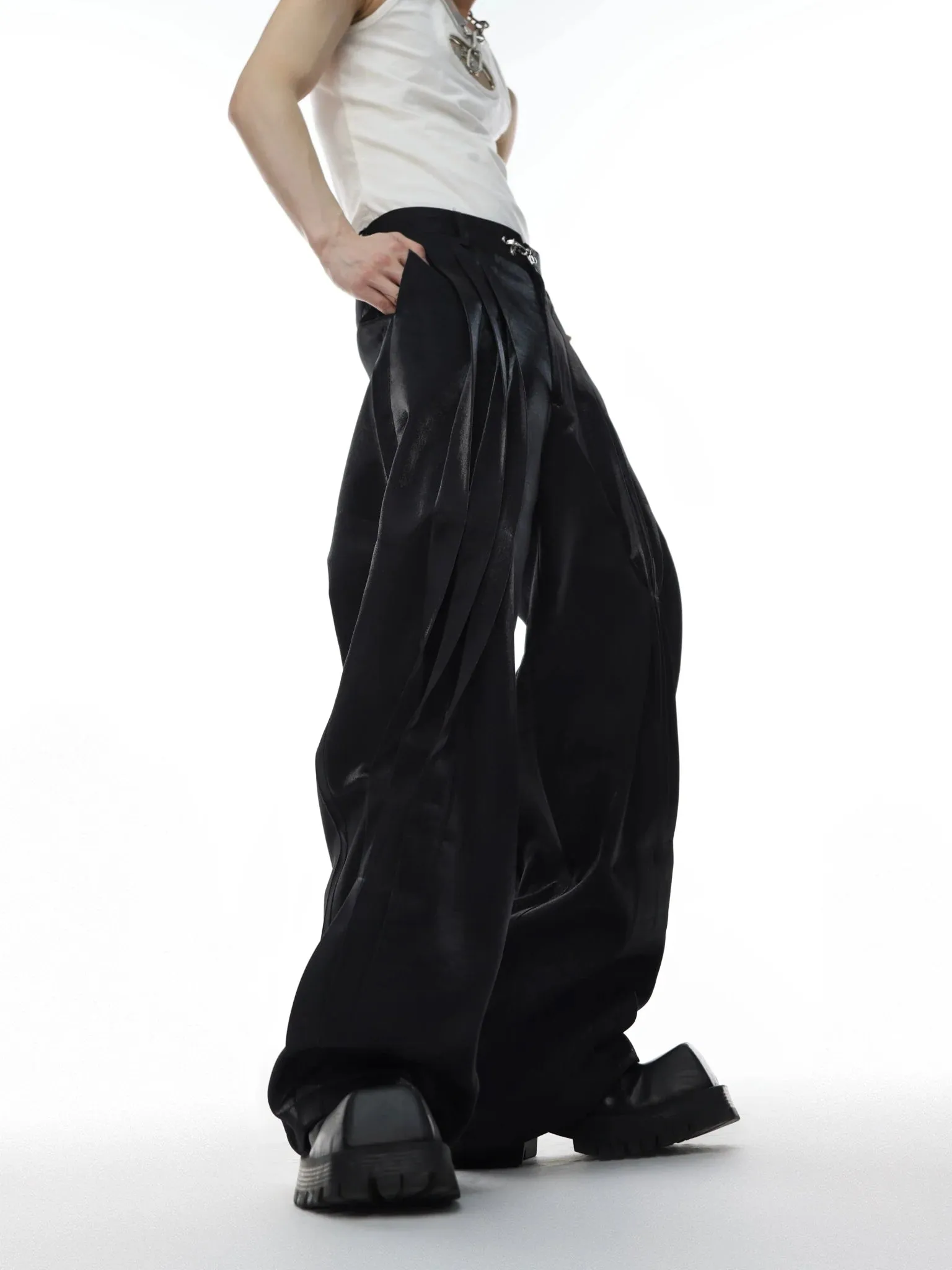 Metallic Sheen Straight-Leg Pants with Button Detail and Pleated