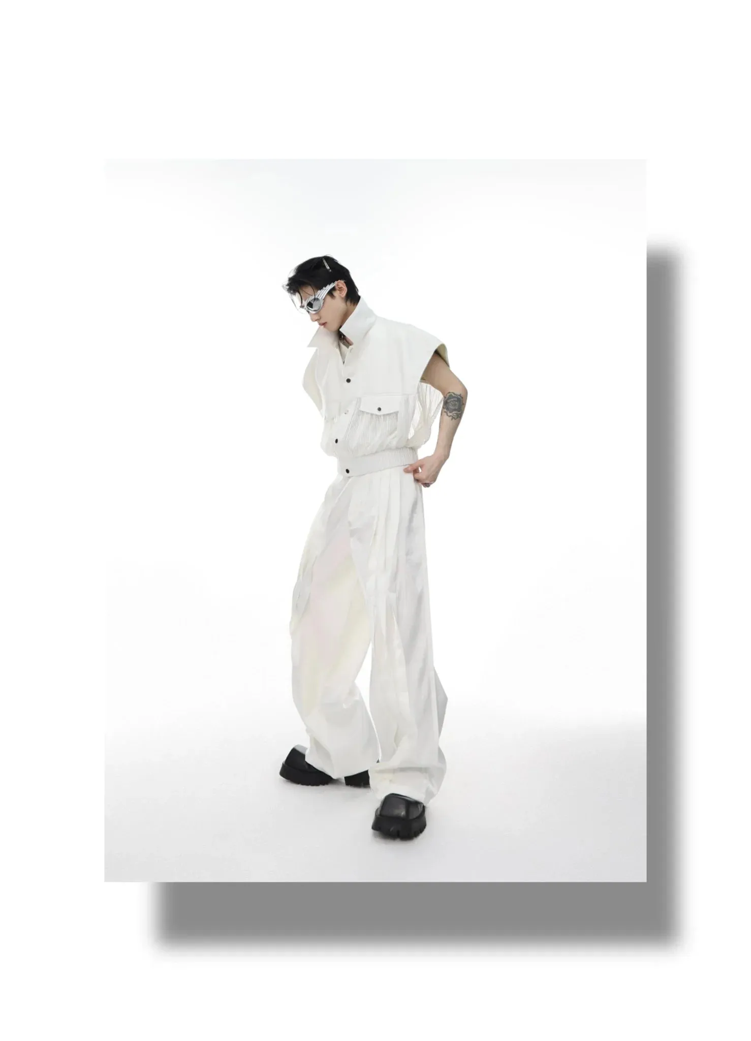 Metallic Sheen Straight-Leg Pants with Button Detail and Pleated