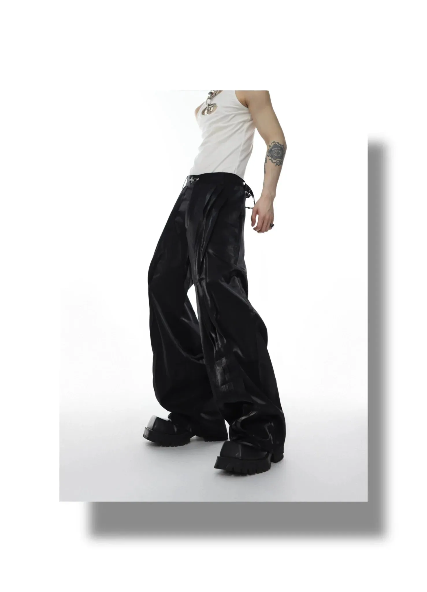 Metallic Sheen Straight-Leg Pants with Button Detail and Pleated