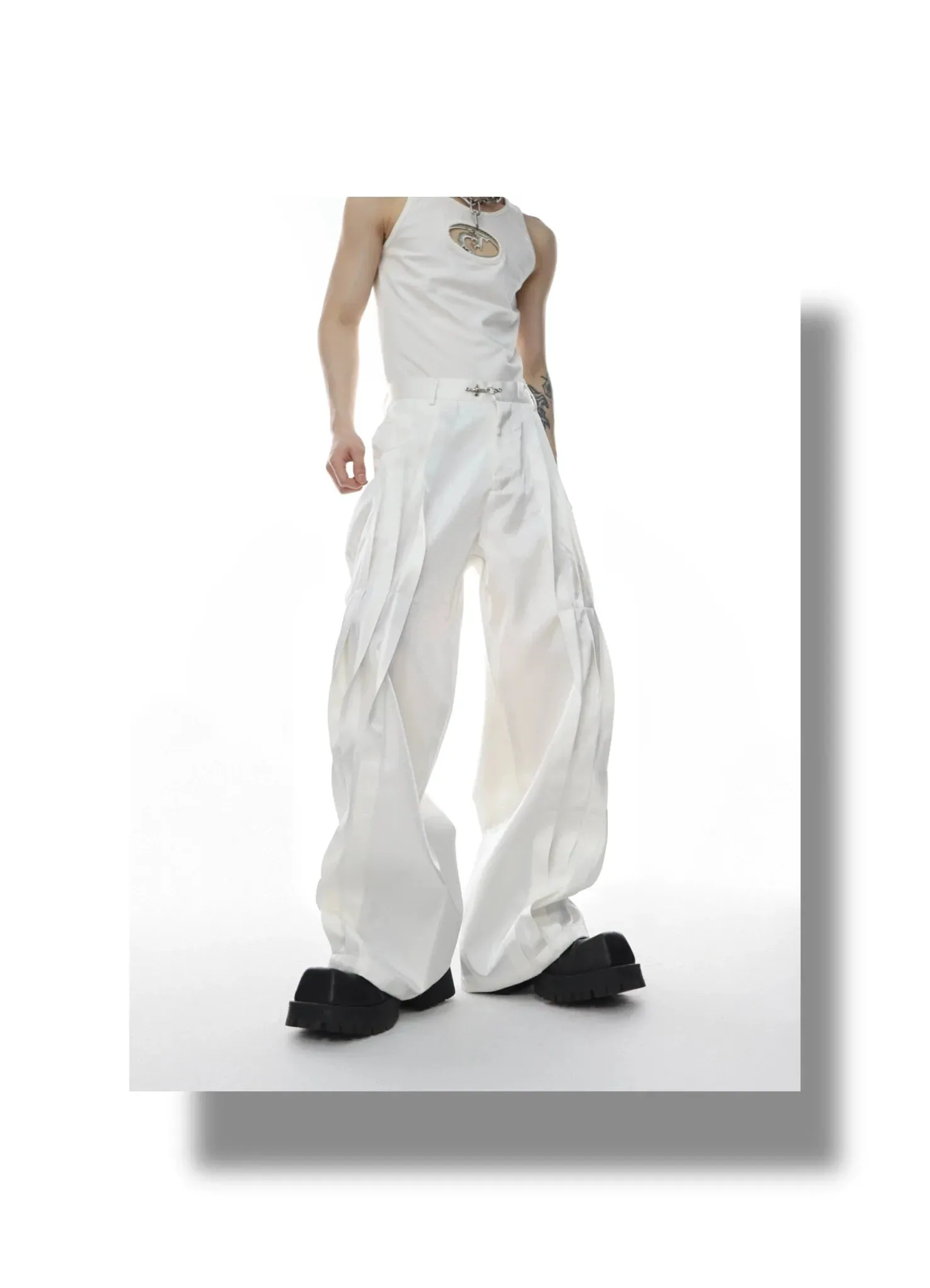 Metallic Sheen Straight-Leg Pants with Button Detail and Pleated