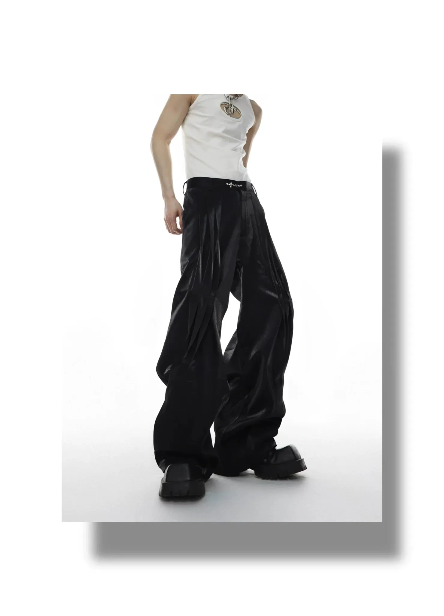 Metallic Sheen Straight-Leg Pants with Button Detail and Pleated