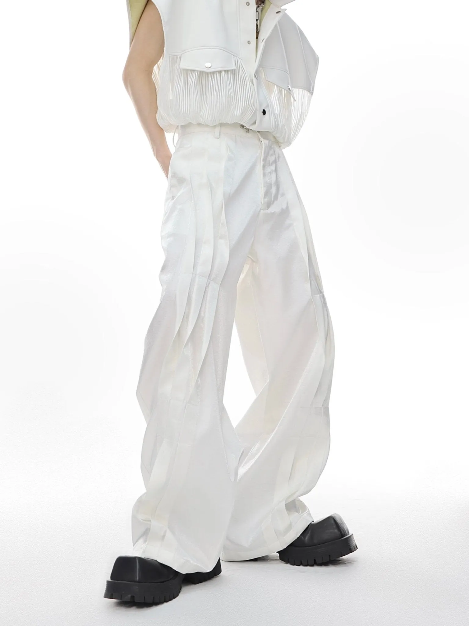 Metallic Sheen Straight-Leg Pants with Button Detail and Pleated