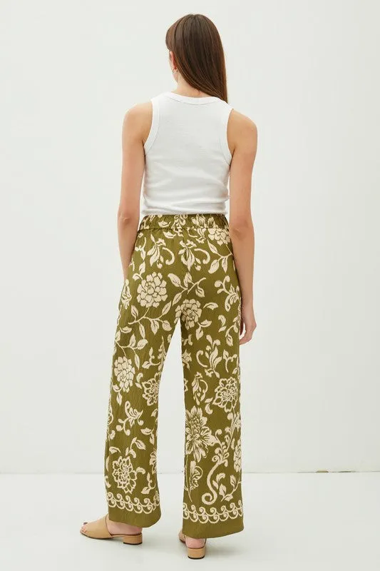 Moss Floral Printed Elastic Waistband Wide Leg Pants