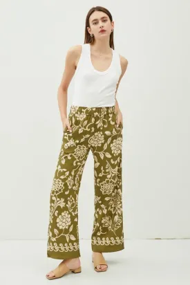 Moss Floral Printed Elastic Waistband Wide Leg Pants