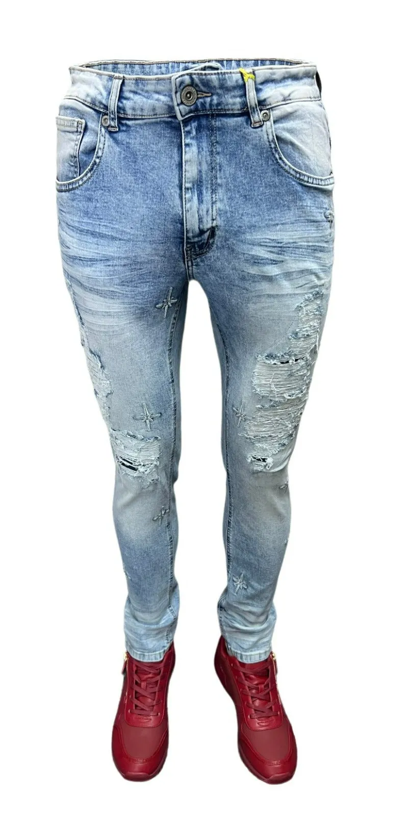 M.Society Men's Light Blue Ripped Jeans With Stars SLIM-Fit