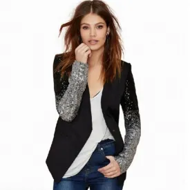 New 2019 Slim Women Pu Patchwork Black Silver Sequins Jackets Full Sleeve Fashion Spring Coat for Young Lady BL006