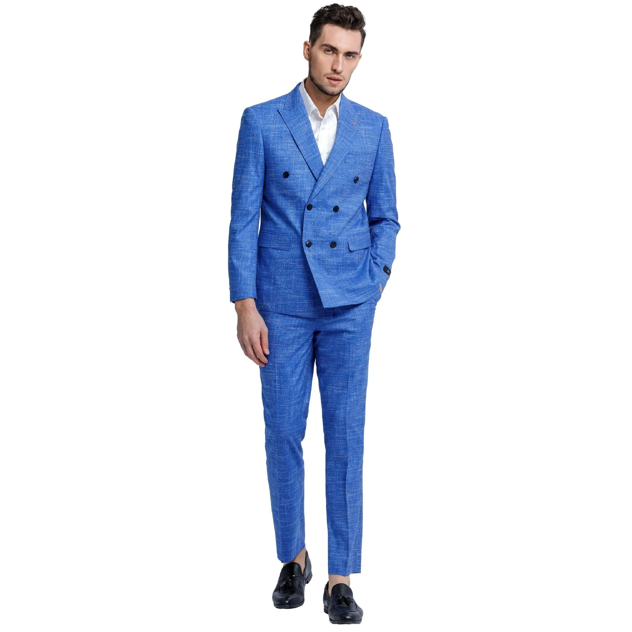 Ocean Blue Textured Double-Breasted Suit - A Splash of Style