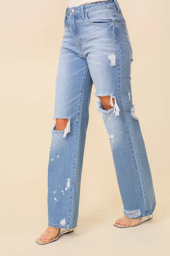 Out and About Distressed High Waisted Jeans - Light Denim