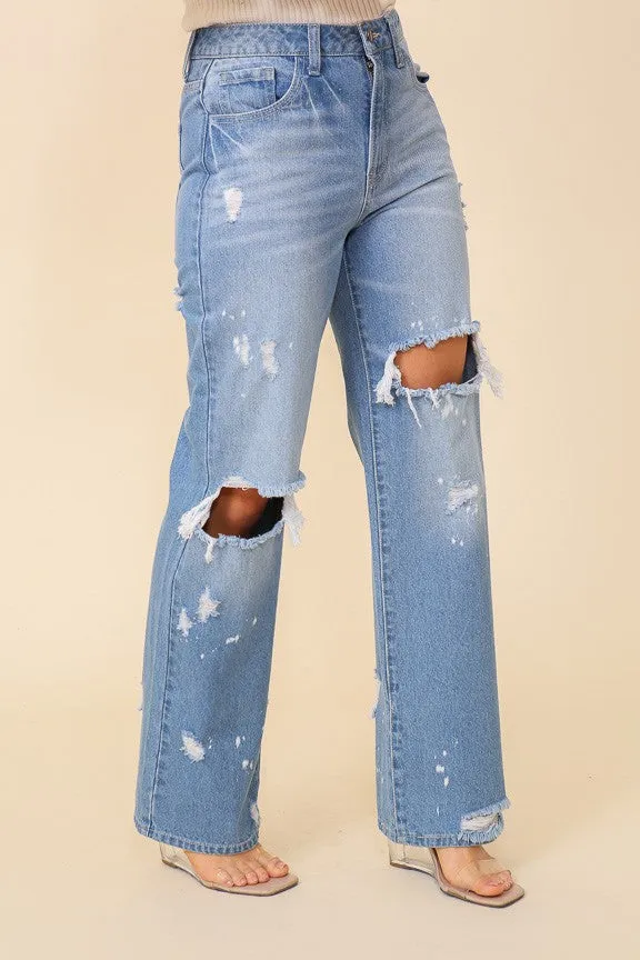 Out and About Distressed High Waisted Jeans - Light Denim