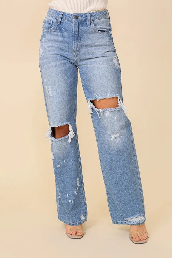 Out and About Distressed High Waisted Jeans - Light Denim