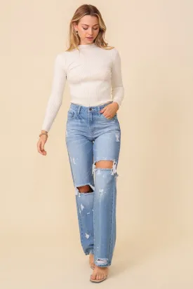 Out and About Distressed High Waisted Jeans - Light Denim