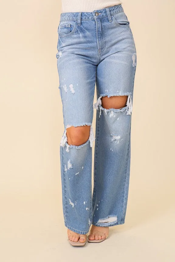 Out and About Distressed High Waisted Jeans - Light Denim