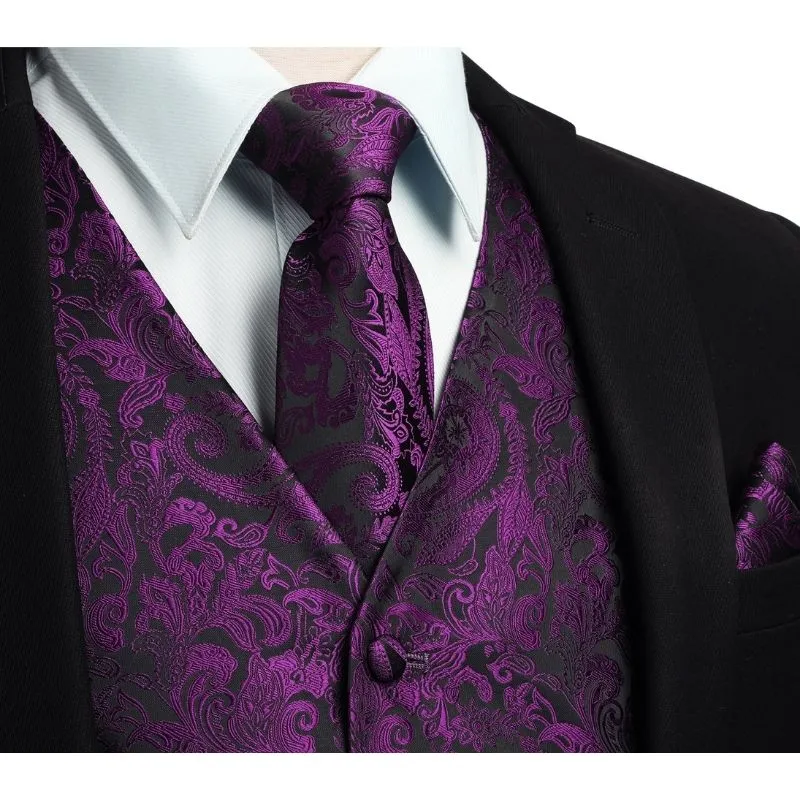 Paisley Floral 3pc Suit Vest Set - PURPLE -1