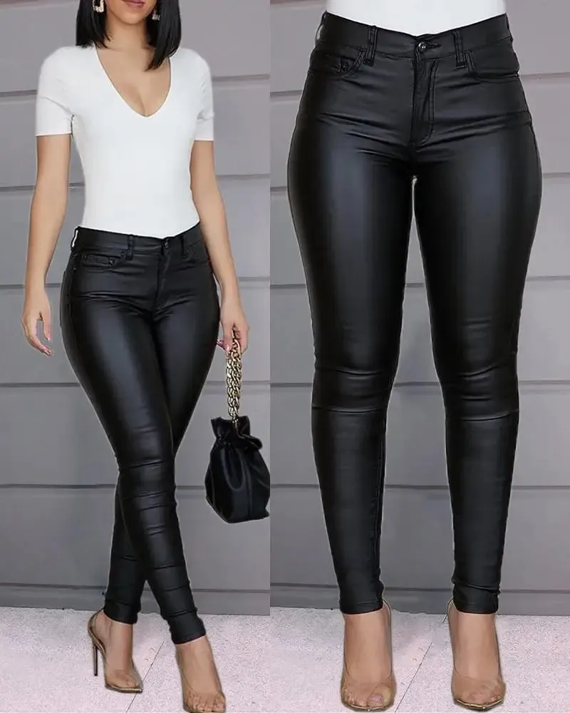 Pencil Cut Pants 👖Solid Buttoned Casual Coated PU Skinny Pants