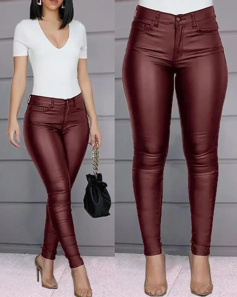 Pencil Cut Pants 👖Solid Buttoned Casual Coated PU Skinny Pants