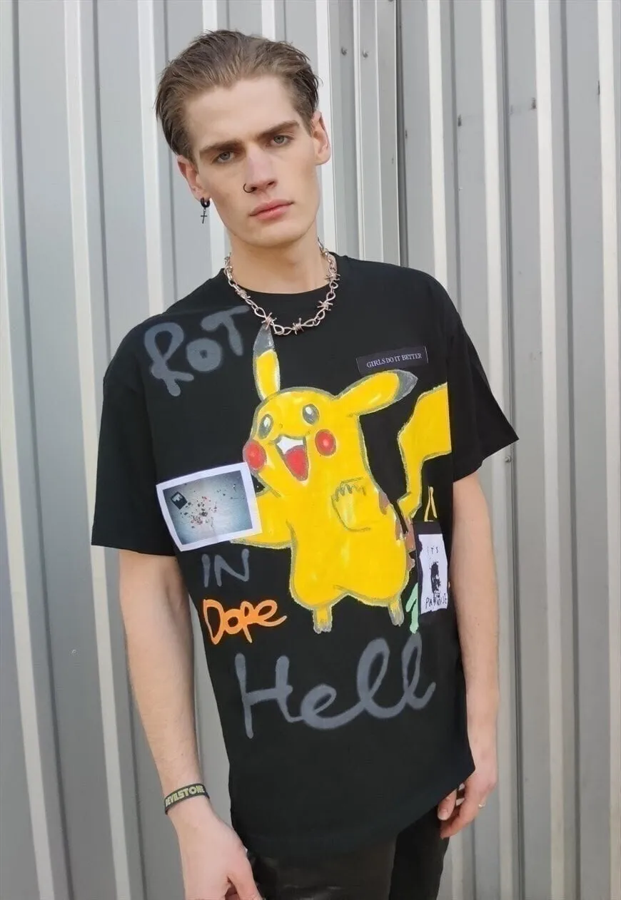 Pikachu tee Pokemon patched animal drop Korean t-shirt black