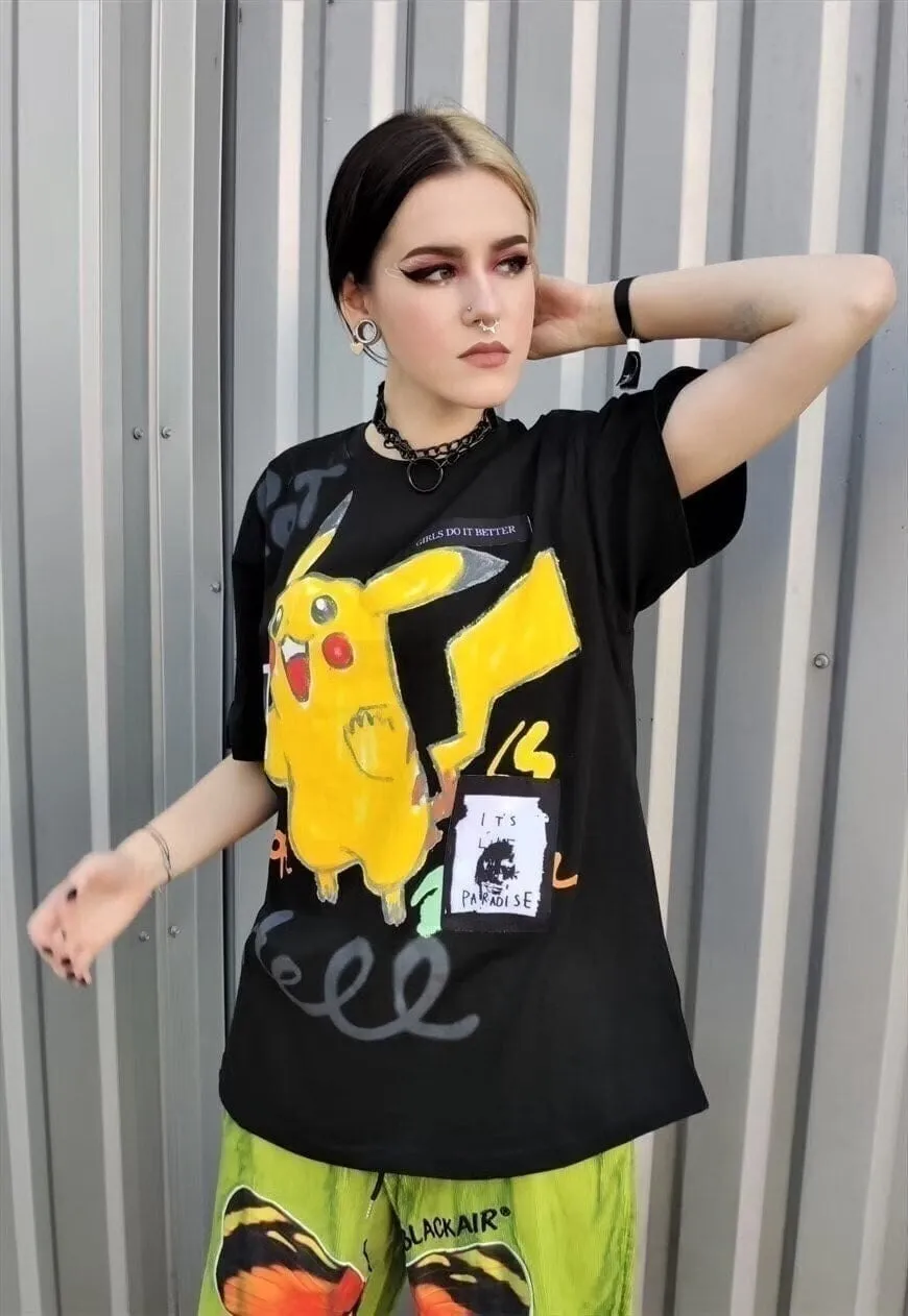 Pikachu tee Pokemon patched animal drop Korean t-shirt black